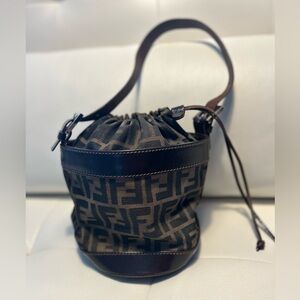 FENDI Zucca Round Bottom Drawstring Shoulder Bag Brown